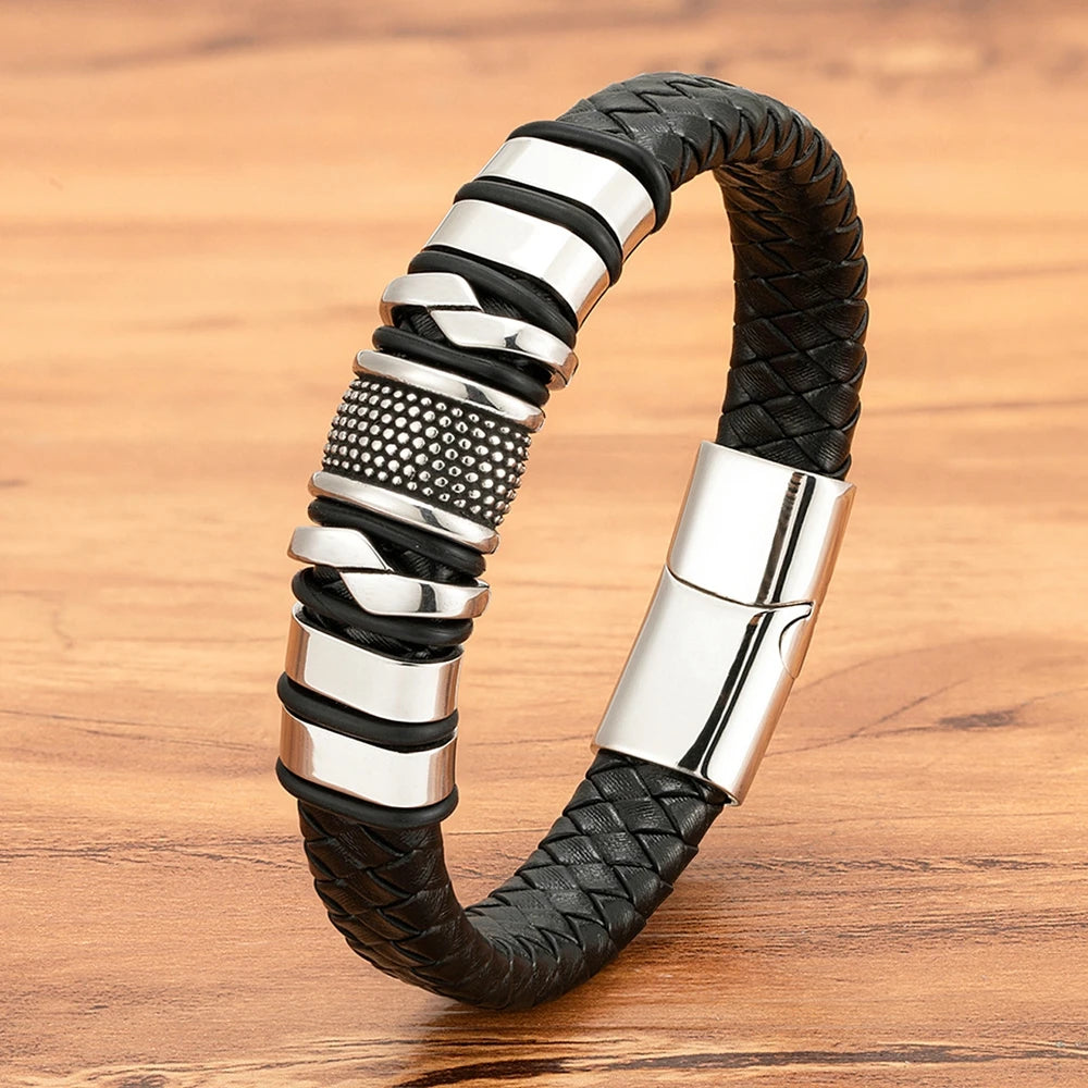 Pulseira Masculina de Corda Trançada e Couro Preto Clássico, Bangle de Aço Inoxidável