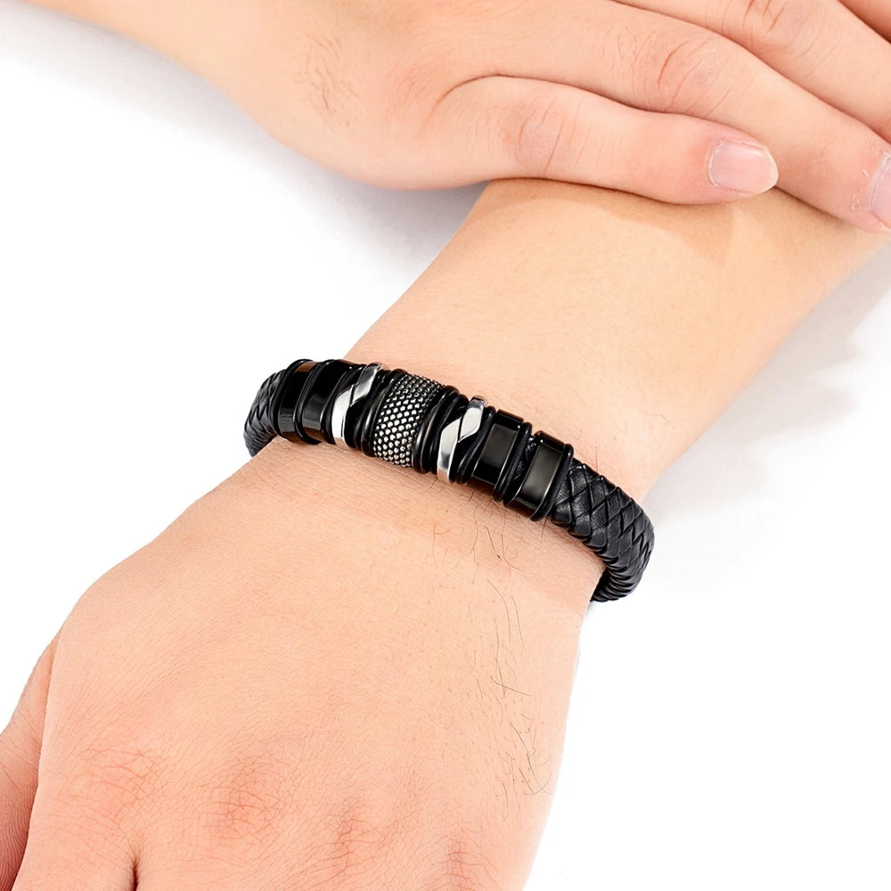 Pulseira Masculina de Corda Trançada e Couro Preto Clássico, Bangle de Aço Inoxidável