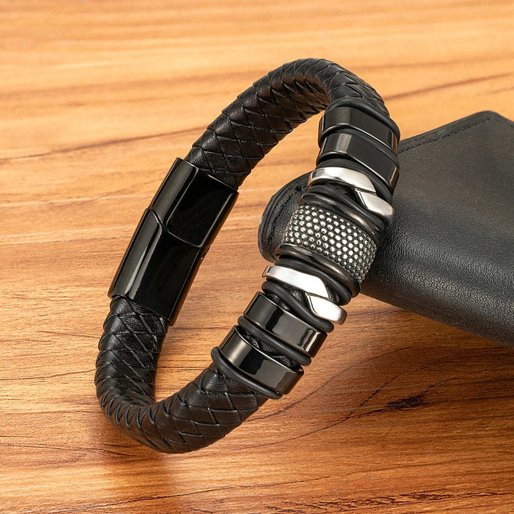 Pulseira Masculina de Corda Trançada e Couro Preto Clássico, Bangle de Aço Inoxidável