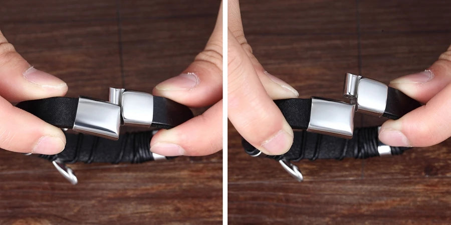 Pulseira Masculina de Corda Trançada e Couro Preto Clássico, Bangle de Aço Inoxidável
