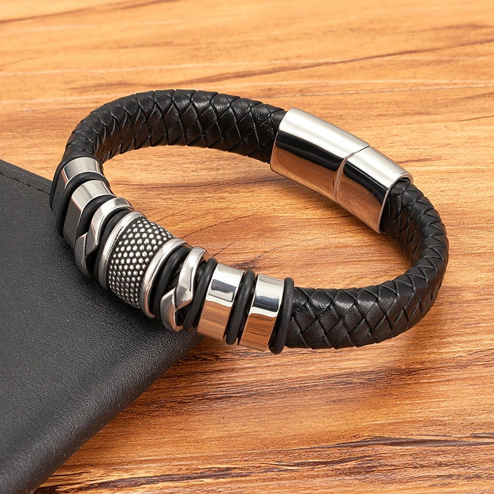 Pulseira Masculina de Corda Trançada e Couro Preto Clássico, Bangle de Aço Inoxidável