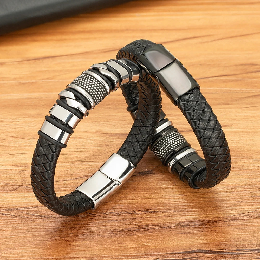 Pulseira Masculina de Corda Trançada e Couro Preto Clássico, Bangle de Aço Inoxidável
