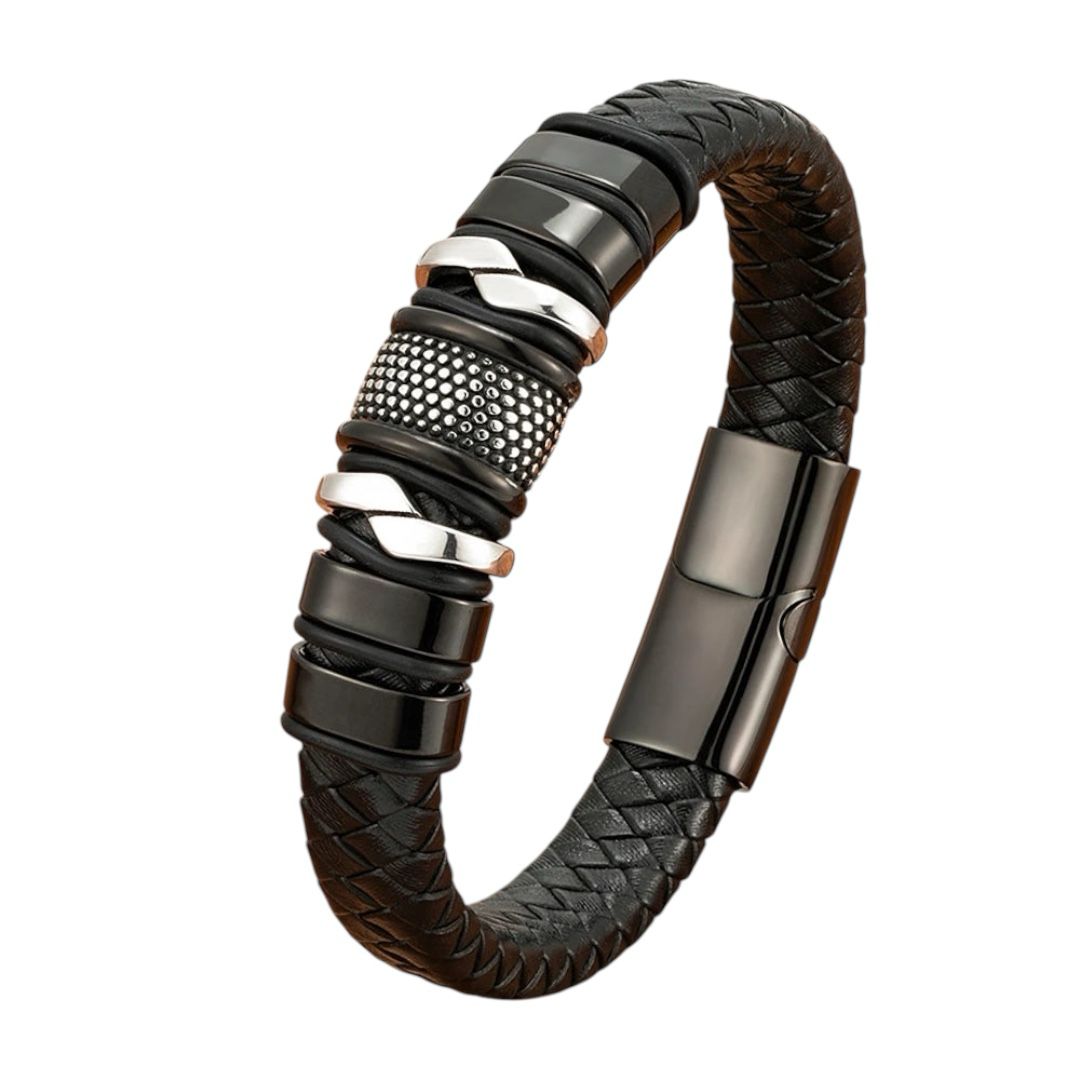 Pulseira Masculina de Corda Trançada e Couro Preto Clássico, Bangle de Aço Inoxidável