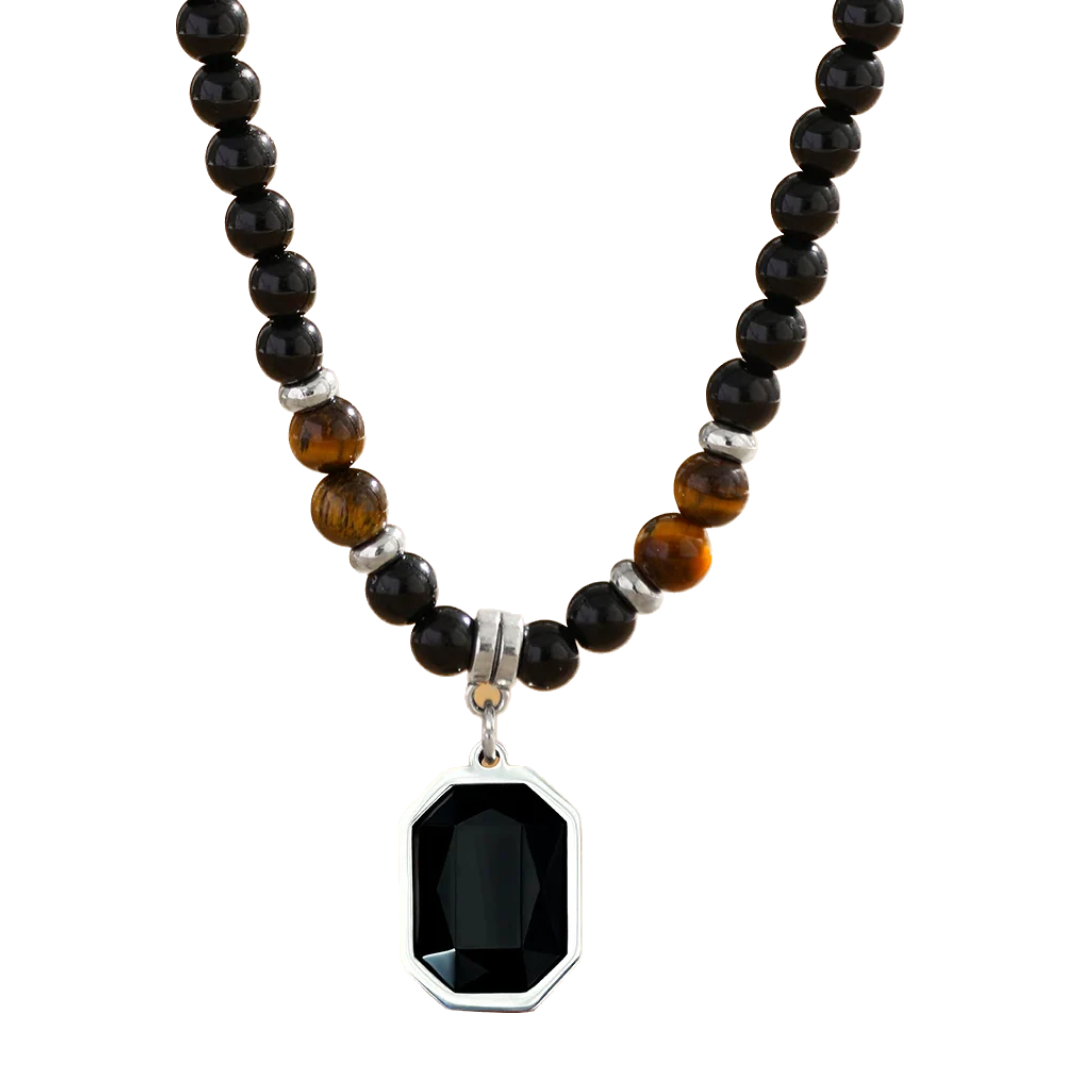 Colar Masculino com Pérolas Negras e Pingente Quadrado