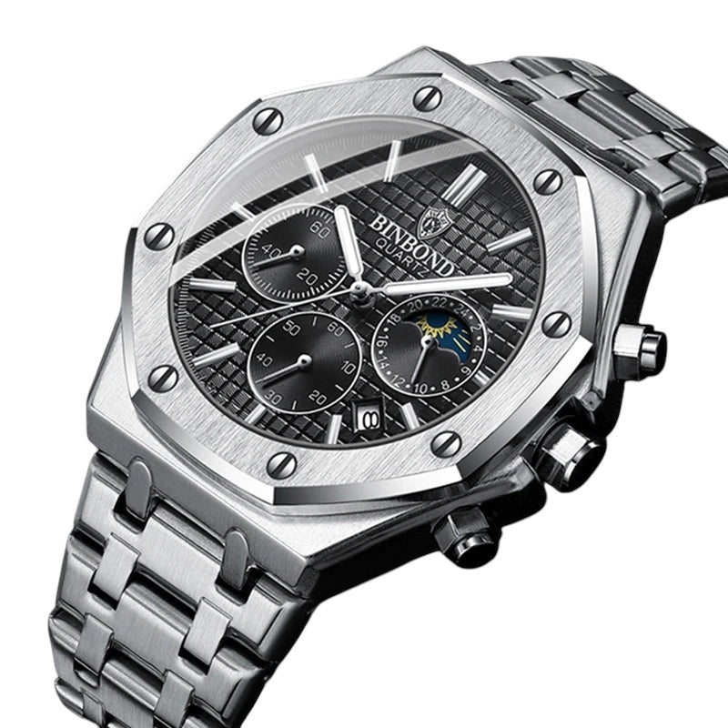 Relógio Masculino BINBOND Luxo, Quartz, Cronógrafo, Luminosa, Aço Inoxidável e Resistente à Água com Data e Calendário