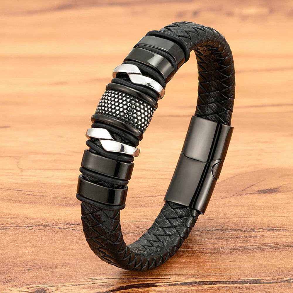 Pulseira Masculina de Corda Trançada e Couro Preto Clássico, Bangle de Aço Inoxidável