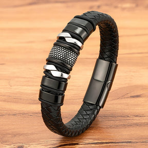 Pulseira Masculina de Corda Trançada e Couro Preto Clássico, Bangle de Aço Inoxidável