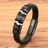 Pulseira Masculina de Corda Trançada e Couro Preto Clássico, Bangle de Aço Inoxidável