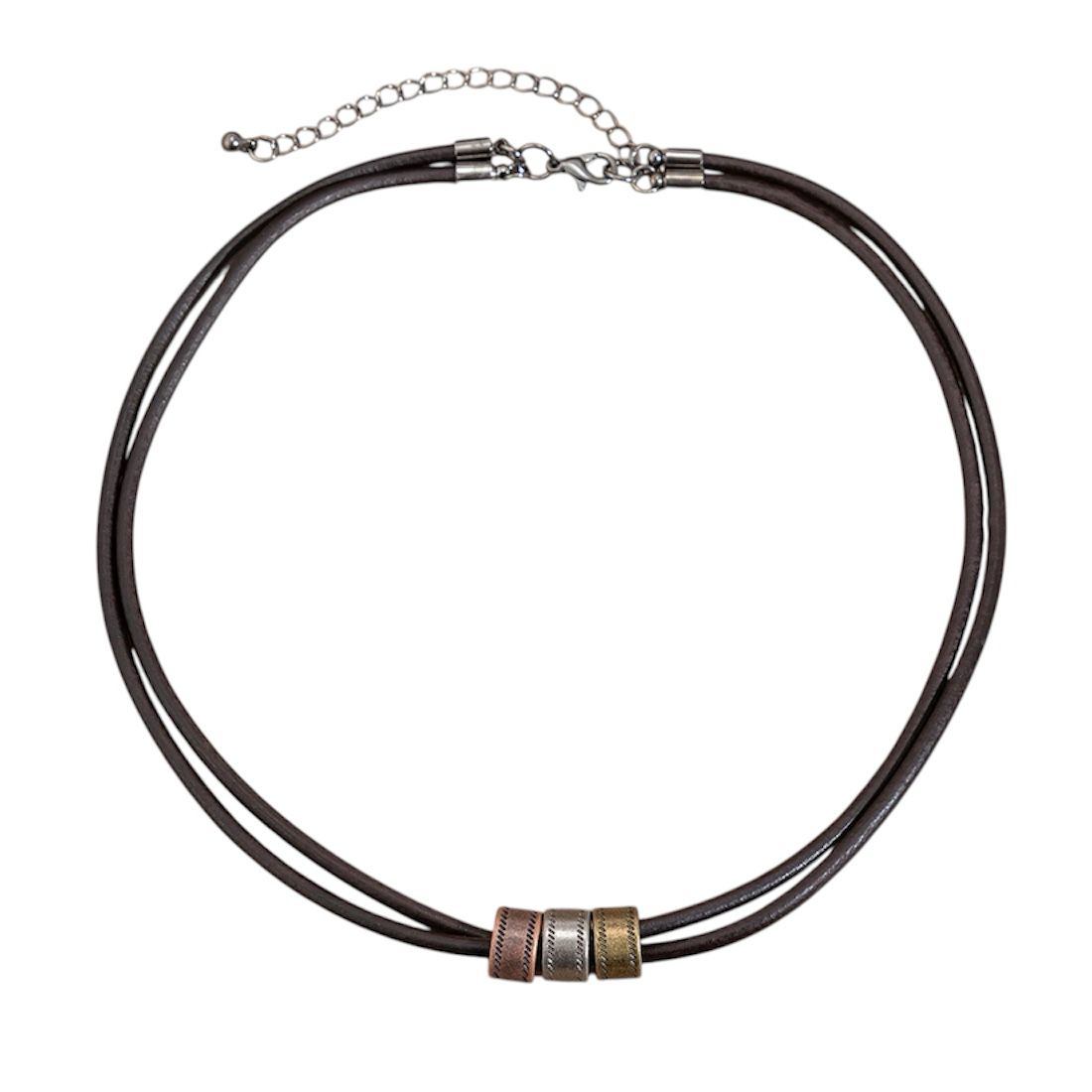 Colar Masculino Vintage de Couro Três Aros Metálicos