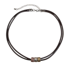 Colar Masculino Vintage de Couro Três Aros Metálicos